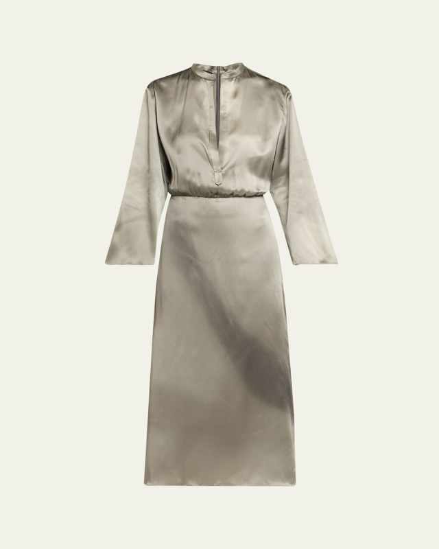Ombre Print Silk Long-Sleeve Midi Dress